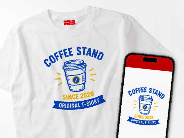 コーヒースタンドのデザインを青と黄色にアレンジしたTシャツ