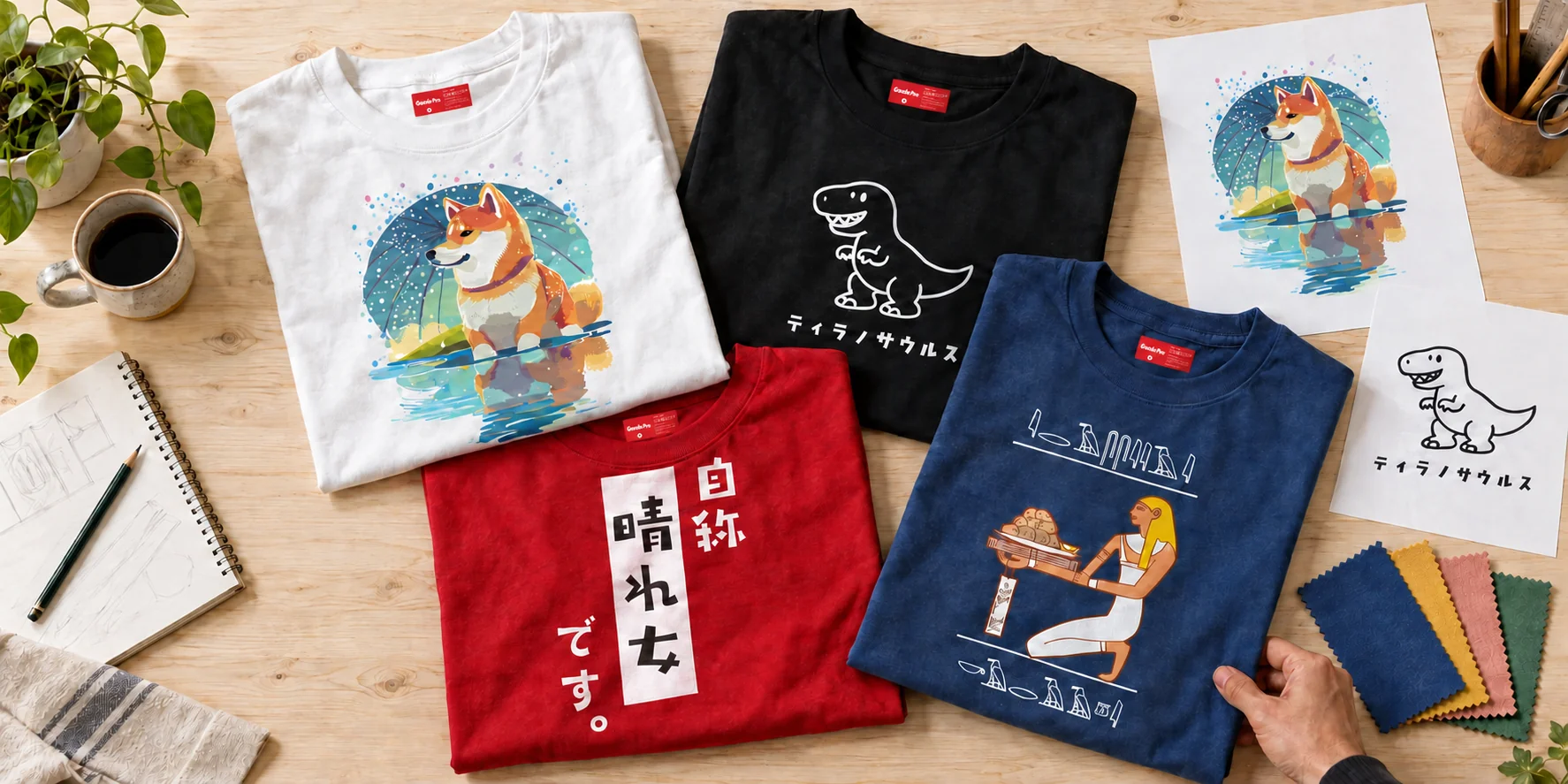 木の机に並べたグッズプロのプリントTシャツ、デザイン原稿と色見本