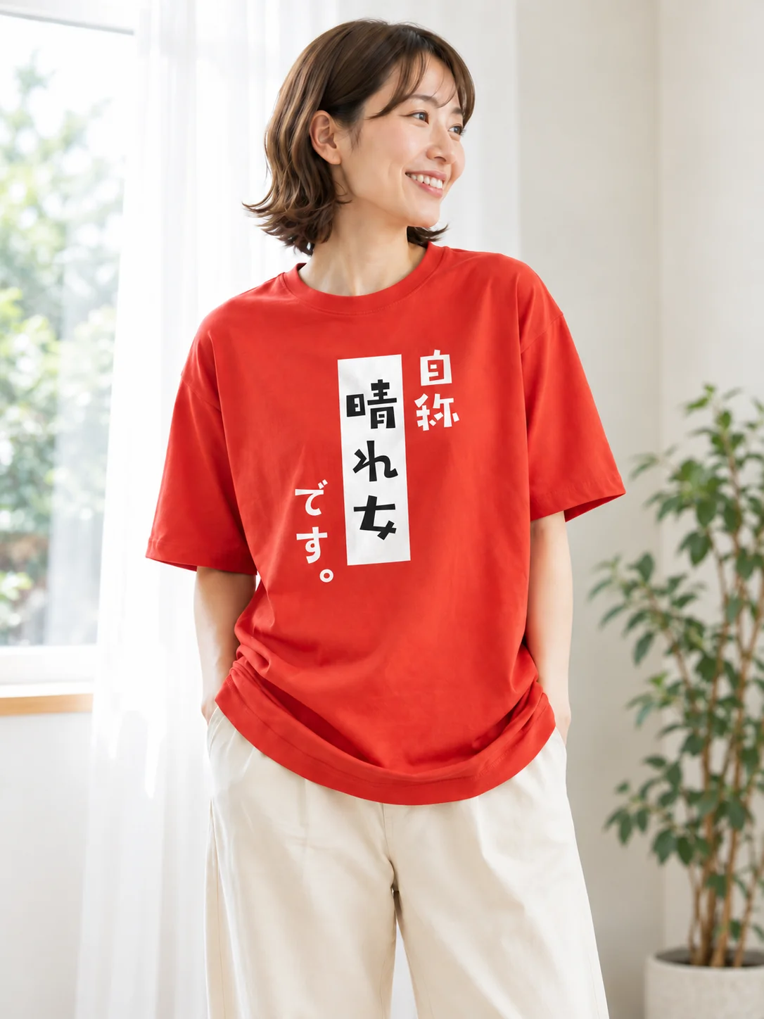 赤い日本語プリントTシャツの着用例