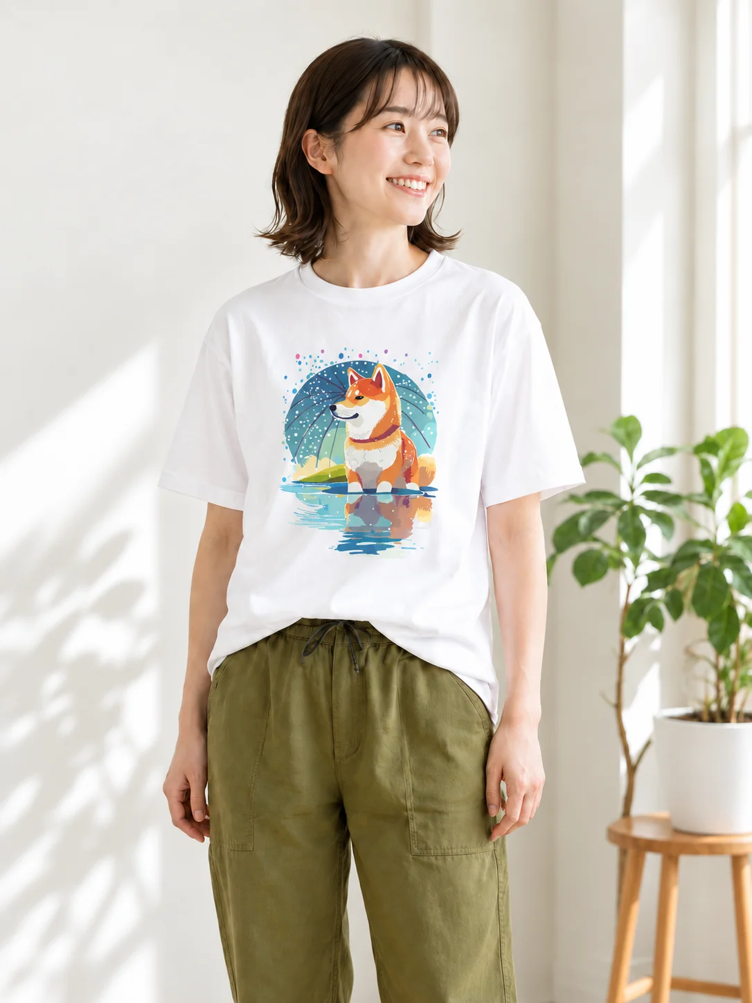 白い柴犬プリントTシャツの着用例